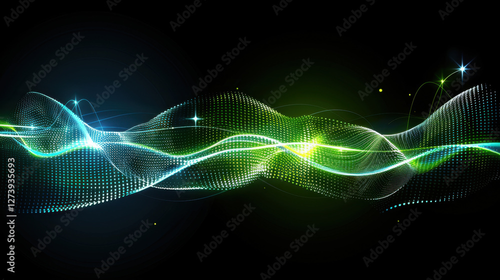 Aufkleber abstract wave design with glowing lines and dots in green and blue tones, creating dynamic and energ