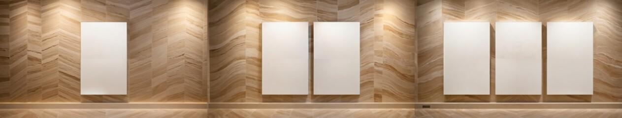 Fototapeta premium Blank Canvases on Luxurious Herringbone Marble Wall – A Triptych Showcasing Elegance, Texture, and Minimalist Harmony
