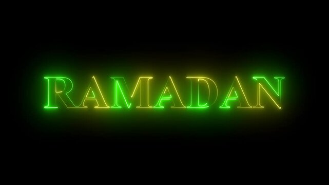 Glowing Ramadan Kareem Text animation with neon sign effect. Glittering glowing islamic month of spirituality, hajj background. Elegant neon style glowing Happy Ramadan arabic background. 4k
