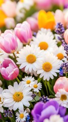Fototapeta premium Colorful display of spring flowers blooming in a vibrant garden during sunset