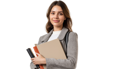 Female teacher in a professional outfit, holding books in one hand, warm and encouraging look, isolated PNG