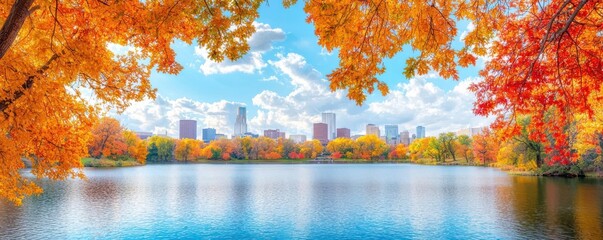 Loring Park in Minneapolis during fall, with a picturesque lake and colorful trees framing the scene