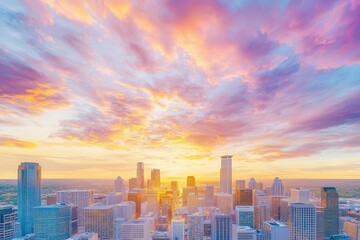 Obraz premium Minneapolis aerial at dusk, featuring vibrant orange and purple skies with the city s illuminated skyline