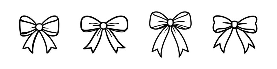 Set of bow silhouettes. Vector black ribbon icons line art. Set of simple decorative holiday ribbon bows for gifts, to decorate hair on white background.	
