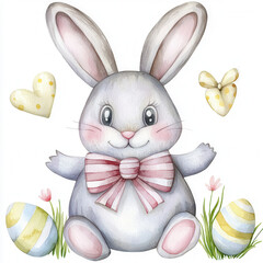 A cute, cartoon-style gray rabbit with a pink bow sits among colorful Easter eggs and hearts, evoking a joyful springtime celebration.