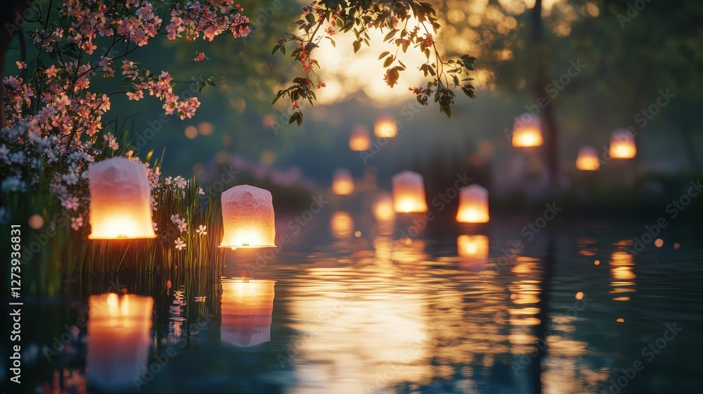 Poster an enchanting display of floating lanterns on a tranquil lake, reflecting a warm golden light amidst