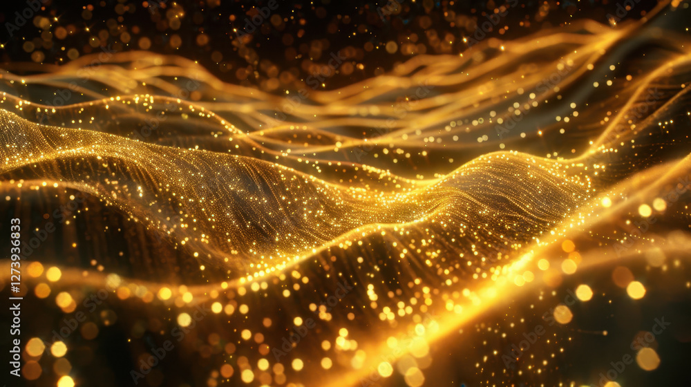 Poster golden waves of light create mesmerizing visual effect, shimmering and flowing in dynamic pattern, e