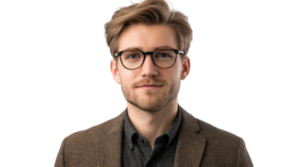 Portrait of a young male professor wearing glasses, tweed blazer, and a smart casual outfit, confident and inspiring expression, transparent background