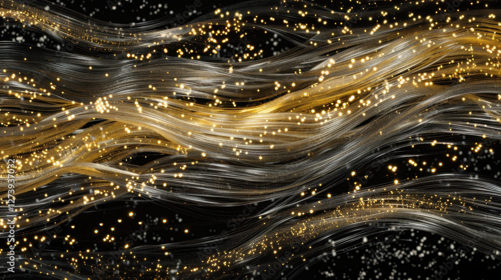 Poster abstract golden and silver flowing lines with sparkling particles create mesmerizing visual effect, 