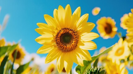 Fototapeta premium Bright sunflowers basking under a clear blue sky in a vibrant summer field