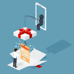 Thief Hacker sent a fake a gift reward. fraud scam and stealing user information by pretending to win a prize. Vector illustration flat design for cyber criminal awareness concept.