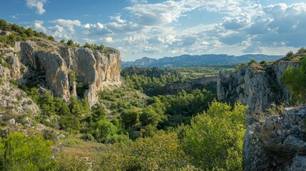 Naklejka premium Serene Landscape of Rocky Cliffs Surrounded by Green Vegetation