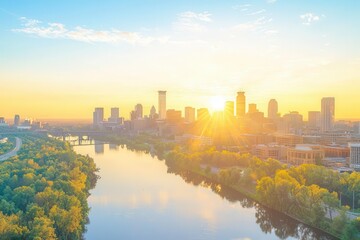 Fototapeta premium Minneapolis aerial at sunrise, showcasing the city skyline with golden sunlight reflecting on skyscraper windows and the Mississippi River in the foreground