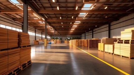 A spacious warehouse filled with neatly stacked wooden pallets, illuminated by natural light streaming through skylights.