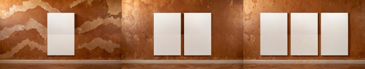 Fototapeta premium a series of white blank canvases arranged against a textured brown wall. The compositions vary, with one, two, and three-panel arrangements in a triptych-like sequence