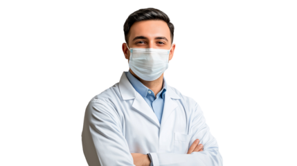 Dentist wearing a protective mask pulled down, smiling, dressed in a clean white coat, isolated on a transparent background 