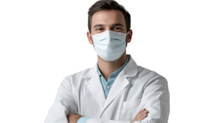 Dentist wearing a protective mask pulled down, smiling, dressed in a clean white coat, isolated on a transparent background 