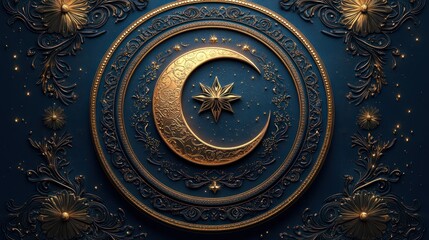 Naklejka premium A regal background with intricate golden and teal ornaments, elegantly framing a soft crescent moon and star, exuding grace and sophistication.