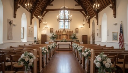 Fototapeta premium Elegant church interior decorated with white flowers and floral arrangements creating a serene and inviting atmosphere for a wedding ceremony