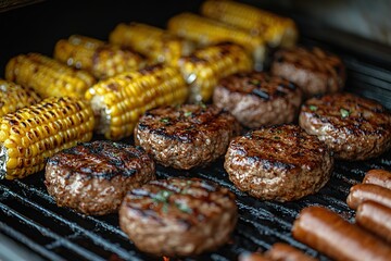 Grilled feast: Juicy burgers sweet corn and savory sausages sizzling on the grill Perfect for summer cookouts and gatherings