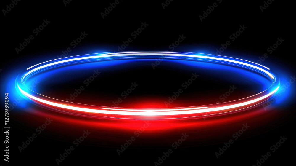 Poster glowing circular light ring with red and blue colors, creating dynamic and vibrant effect against bl