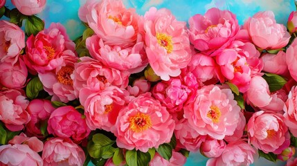Beautiful pink peonies arranged artistically on a blue background showcasing vibrant colors and floral beauty