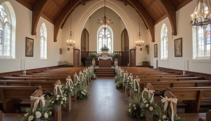  Church interior decorated with floral arrangements and ribbons creating a serene and inviting atmosphere for a wedding ceremony