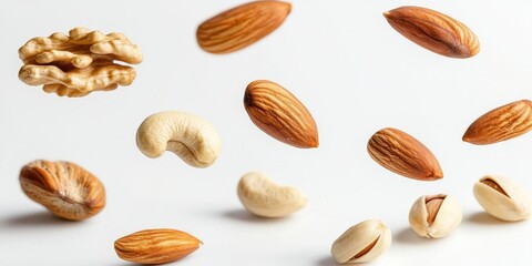 Assorted nuts scattered on a light background, showcasing their unique shapes and textures.