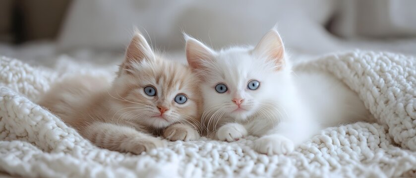 Two adorable kittens resting on a soft white blanket with their captivating blue eyes shining