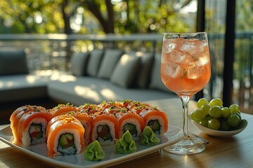 Sushi rolls with a salmon topping accompanied by a refreshing drink and green grapes on an outdoor patio Sunny day ambiance