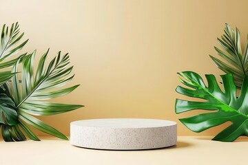 Minimalist display with concrete platform and lush green leaves against a soft beige background.