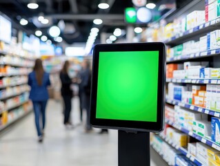 Fototapeta premium Digital signage in a pharmacy aisle with a blank screen and shelves of products in the background.