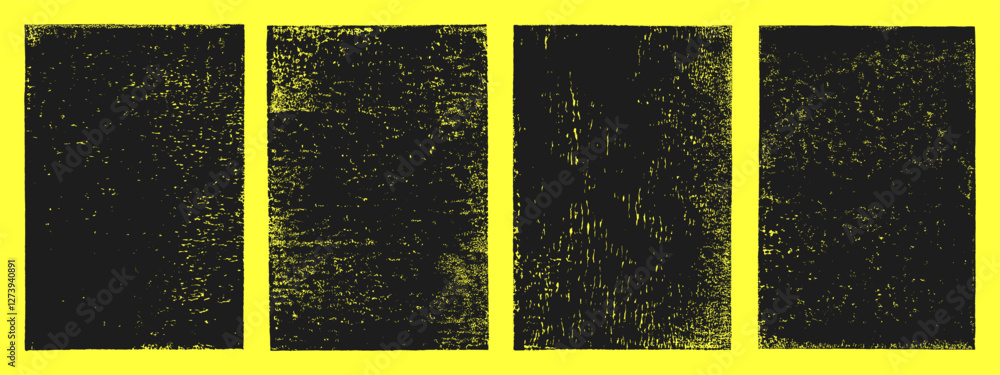 Fototapete linocut, relief block printing rectangle 2:3 shapes rough grunge textures set. black linocutting tex
