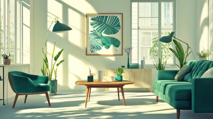 Sunlit living room, teal furniture, plants, city view