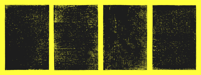 Linocut, relief block printing rectangle 2:3 shapes rough grunge textures set. Black linocutting textured backgrounds collection, text frames. Paint roller worn scuffed stains, lino ink grungy remains