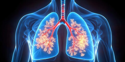 Transparent human lungs with red bronchi highlighted against a dark background.