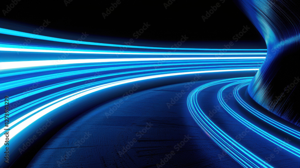 Poster abstract blue light trails create dynamic and futuristic atmosphere, showcasing movement and energy 