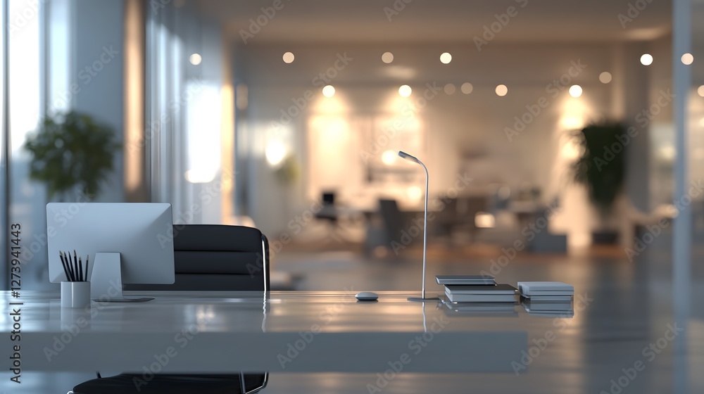 Poster Modern Office Desk with Computer and Minimalistic Decor Elements