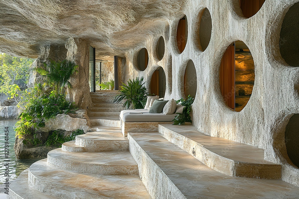 Poster unique stone architecture with nature's touch featuring rounded openings and tropical foliage creati