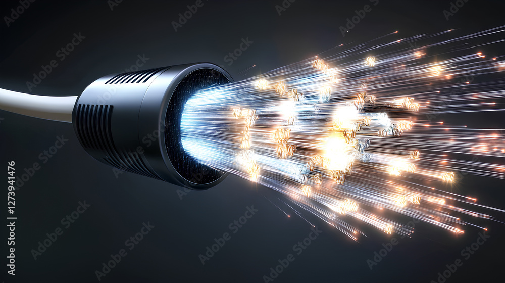Wall mural fiber optic cable bursting with data, transmitting light pulses as a representation of high-speed in