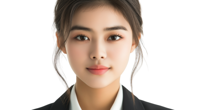 Portrait of a young Asian woman in business attire, bright expression, natural makeup, friendly and approachable look, transparent background 