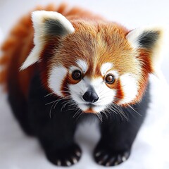 Obraz premium Captivating full shot of a red panda looking directly at the camera with curious eyes, showing its vibrant fur and expressive face, set against a bright backdrop.