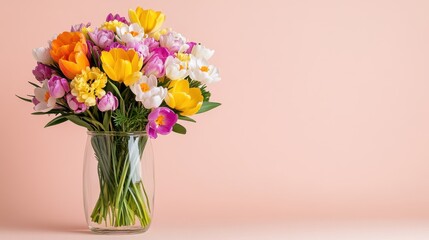 Fototapeta premium Colorful bouquet of fresh flowers in a clear vase against a soft pink background