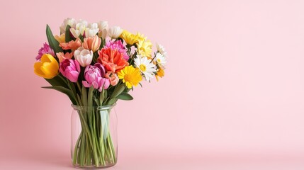 Bright and colorful flower bouquet displayed in a glass vase against a soft pink background