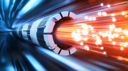fiber optic cable bursting with data, transmitting light pulses as a representation of high-speed internet. Ideal for communication and technology-themed projects 