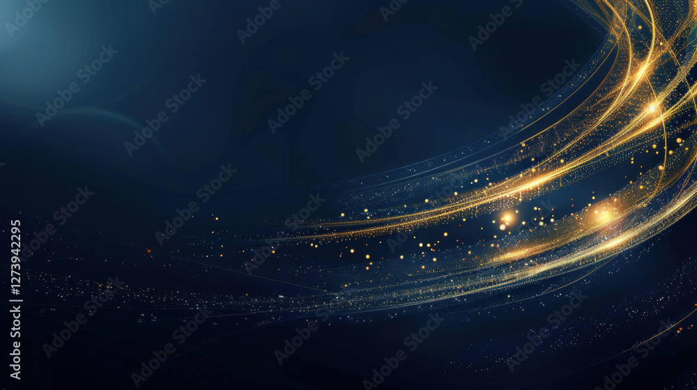 Poster abstract background with glowing golden particles and light trails, creating sense of motion and ele