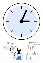 Large clock symbolizes time. Person examines financial documents, coins, and dollar symbol. Factory with smokestacks. Ideal for productivity, management, planning, efficiency industry finance