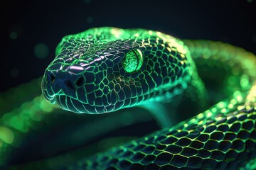 Fototapeta premium Glowing Green Snake Close Up Detailed View