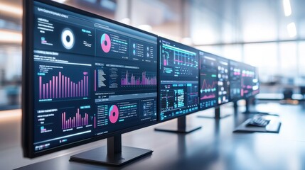 A row of multiple computer monitors displaying complex data analytics dashboards and financial charts, indicating business intelligence and data visualization technology, in a bright office space.