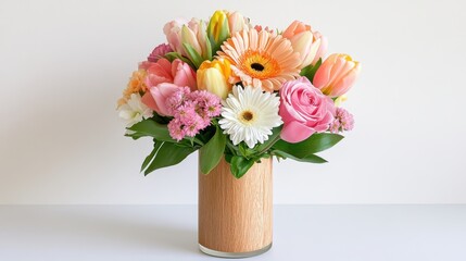 Fototapeta premium Colorful spring bouquet featuring tulips and daisies in a wooden vase on a minimalistic table setting
